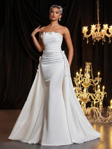Elegant Luxurious Cream Satin 3D Floral Ruched Detachable Maxi Fish Tail Skirt, Suitable For Wedding, Bridal Shower, Bachelorette Party, Vacation Elegant Luxurious Cream Satin 3D Floral Ruched Detachable Maxi Fish Tail Skirt, Suitable For Wedding, Bridal Shower, Bachelorette Party, Vacation