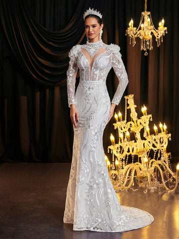 Elegant Luxurious Romantic White Luxury Beaded Mesh Embroidered Stand Collar Pearl Sequined Applique Sheer Long Sleeve Bodycon Fishtail Hem, Suitable For Wedding Gown Elegant Luxurious Romantic White Luxury Beaded Mesh Embroidered Stand Collar Pearl Sequined Applique Sheer Long Sleeve Bodycon Fishtail Hem, Suitable For Wedding Gown