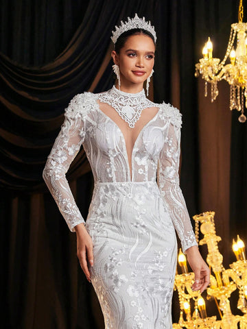 Elegant Luxurious Romantic White Luxury Beaded Mesh Embroidered Stand Collar Pearl Sequined Applique Sheer Long Sleeve Bodycon Fishtail Hem, Suitable For Wedding Gown Elegant Luxurious Romantic White Luxury Beaded Mesh Embroidered Stand Collar Pearl Sequined Applique Sheer Long Sleeve Bodycon Fishtail Hem, Suitable For Wedding Gown