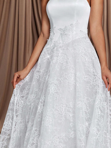 Elegant Luxury Beige Strapless Satin Patchwork Sequin Lace Floral Applique Maxi Dress With Train, Suitable For Weddings, Parties, Single Ladies' Party, Vacation, Prom Elegant Luxury Beige Strapless Satin Patchwork Sequin Lace Floral Applique Maxi Dress With Train, Suitable For Weddings, Parties, Single Ladies' Party, Vacation, Prom