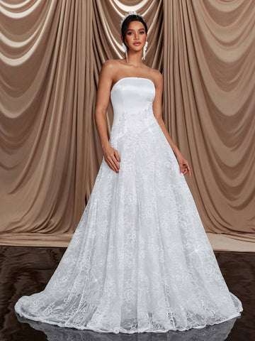 Elegant Luxury Beige Strapless Satin Patchwork Sequin Lace Floral Applique Maxi Dress With Train, Suitable For Weddings, Parties, Single Ladies' Party, Vacation, Prom Elegant Luxury Beige Strapless Satin Patchwork Sequin Lace Floral Applique Maxi Dress With Train, Suitable For Weddings, Parties, Single Ladies' Party, Vacation, Prom
