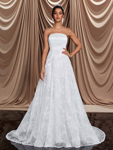 Elegant Luxury Beige Strapless Satin Patchwork Sequin Lace Floral Applique Maxi Dress With Train, Suitable For Weddings, Parties, Single Ladies' Party, Vacation, Prom Elegant Luxury Beige Strapless Satin Patchwork Sequin Lace Floral Applique Maxi Dress With Train, Suitable For Weddings, Parties, Single Ladies' Party, Vacation, Prom