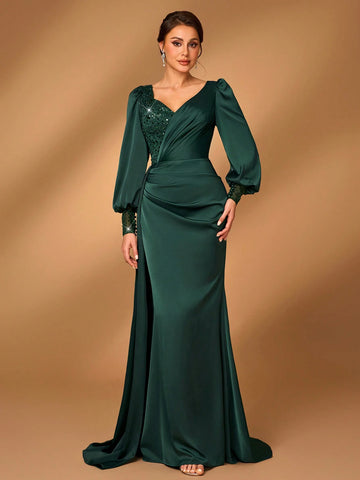 Elegant Luxury Emerald Green Pearls & Sequins Patchwork Elastic Satin Mermaid Skirt With Side Ruffle, Suitable For Wedding, Party, Date, Prom, Evening Gown, Mother Of The Bride Elegant Luxury Emerald Green Pearls & Sequins Patchwork Elastic Satin Mermaid Skirt With Side Ruffle, Suitable For Wedding, Party, Date, Prom, Evening Gown, Mother Of The Bride