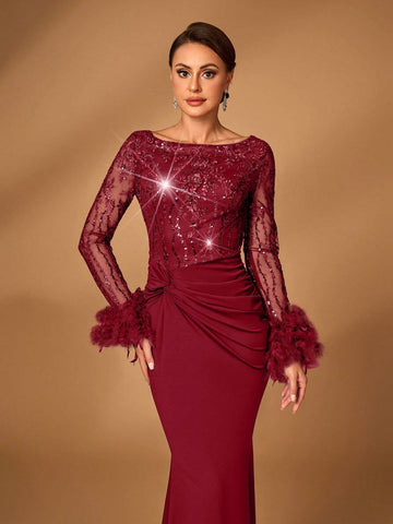 Elegant Luxury Navy Blue Sheer Long Sleeve Embroidered Sequined Lace Patchwork Elastic Knit Twist Fishtail Dress, Suitable For Wedding, Events, Party, Evening Gown (Feather Cuffs) Elegant Luxury Navy Blue Sheer Long Sleeve Embroidered Sequined Lace Patchwork Elastic Knit Twist Fishtail Dress, Suitable For Wedding, Events, Party, Evening Gown (Feather Cuffs)