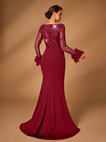 Elegant Luxury Navy Blue Sheer Long Sleeve Embroidered Sequined Lace Patchwork Elastic Knit Twist Fishtail Dress, Suitable For Wedding, Events, Party, Evening Gown (Feather Cuffs) Elegant Luxury Navy Blue Sheer Long Sleeve Embroidered Sequined Lace Patchwork Elastic Knit Twist Fishtail Dress, Suitable For Wedding, Events, Party, Evening Gown (Feather Cuffs)