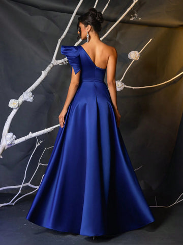 Elegant Navy Blue 3D Floral Sleeve Exaggerated V-Neck One Shoulder Pleated Waist High Waist A-Line High Slit Cocktail Party Wedding Formal Gown Elegant Navy Blue 3D Floral Sleeve Exaggerated V-Neck One Shoulder Pleated Waist High Waist A-Line High Slit Cocktail Party Wedding Formal Gown