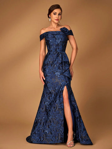Elegant Navy Blue Off Shoulder Jacquard Satin Ruched 3D Floral Slit Fishtail Dress, Suitable For Weddings, Parties, Vacations, Formal Events, Bride & Mother Elegant Navy Blue Off Shoulder Jacquard Satin Ruched 3D Floral Slit Fishtail Dress, Suitable For Weddings, Parties, Vacations, Formal Events, Bride & Mother