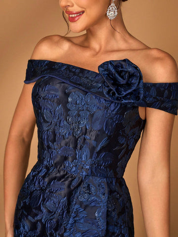 Elegant Navy Blue Off Shoulder Jacquard Satin Ruched 3D Floral Slit Fishtail Dress, Suitable For Weddings, Parties, Vacations, Formal Events, Bride & Mother Elegant Navy Blue Off Shoulder Jacquard Satin Ruched 3D Floral Slit Fishtail Dress, Suitable For Weddings, Parties, Vacations, Formal Events, Bride & Mother