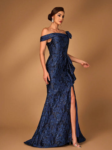 Elegant Navy Blue Off Shoulder Jacquard Satin Ruched 3D Floral Slit Fishtail Dress, Suitable For Weddings, Parties, Vacations, Formal Events, Bride & Mother Elegant Navy Blue Off Shoulder Jacquard Satin Ruched 3D Floral Slit Fishtail Dress, Suitable For Weddings, Parties, Vacations, Formal Events, Bride & Mother