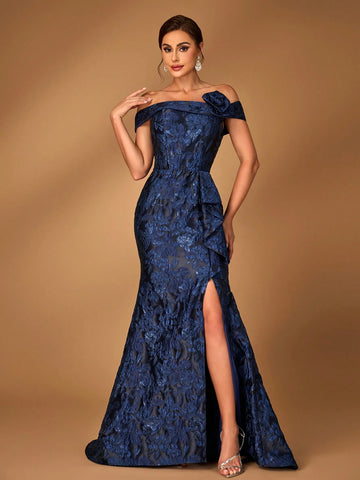 Elegant Navy Blue Off Shoulder Jacquard Satin Ruched 3D Floral Slit Fishtail Dress, Suitable For Weddings, Parties, Vacations, Formal Events, Bride & Mother Elegant Navy Blue Off Shoulder Jacquard Satin Ruched 3D Floral Slit Fishtail Dress, Suitable For Weddings, Parties, Vacations, Formal Events, Bride & Mother