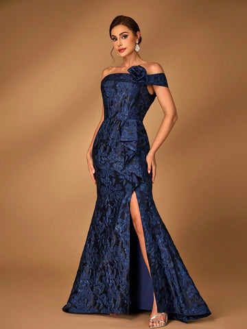 Elegant Navy Blue Off Shoulder Jacquard Satin Ruched 3D Floral Slit Fishtail Dress, Suitable For Weddings, Parties, Vacations, Formal Events, Bride & Mother Elegant Navy Blue Off Shoulder Jacquard Satin Ruched 3D Floral Slit Fishtail Dress, Suitable For Weddings, Parties, Vacations, Formal Events, Bride & Mother