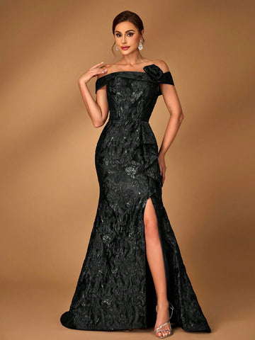 Elegant Navy Blue Off Shoulder Jacquard Satin Ruched 3D Floral Split Fishtail Dress, Suitable For Wedding Events, Bachelorette Party, Vacation, Ball, Bridal Mother Dress Elegant Navy Blue Off Shoulder Jacquard Satin Ruched 3D Floral Split Fishtail Dress, Suitable For Wedding Events, Bachelorette Party, Vacation, Ball, Bridal Mother Dress