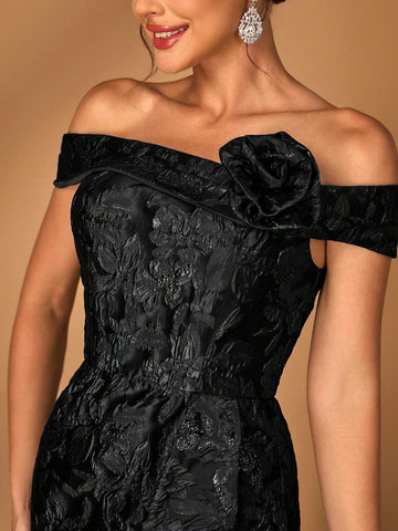 Elegant Navy Blue Off Shoulder Jacquard Satin Ruched 3D Floral Split Fishtail Dress, Suitable For Wedding Events, Bachelorette Party, Vacation, Ball, Bridal Mother Dress Elegant Navy Blue Off Shoulder Jacquard Satin Ruched 3D Floral Split Fishtail Dress, Suitable For Wedding Events, Bachelorette Party, Vacation, Ball, Bridal Mother Dress