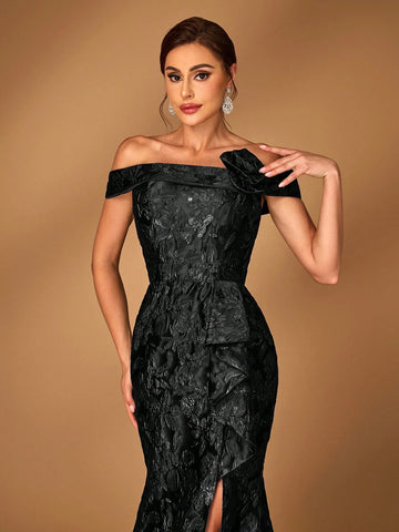 Elegant Navy Blue Off Shoulder Jacquard Satin Ruched 3D Floral Split Fishtail Dress, Suitable For Wedding Events, Bachelorette Party, Vacation, Ball, Bridal Mother Dress Elegant Navy Blue Off Shoulder Jacquard Satin Ruched 3D Floral Split Fishtail Dress, Suitable For Wedding Events, Bachelorette Party, Vacation, Ball, Bridal Mother Dress