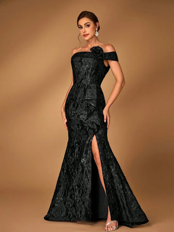Elegant Navy Blue Off Shoulder Jacquard Satin Ruched 3D Floral Split Fishtail Dress, Suitable For Wedding Events, Bachelorette Party, Vacation, Ball, Bridal Mother Dress Elegant Navy Blue Off Shoulder Jacquard Satin Ruched 3D Floral Split Fishtail Dress, Suitable For Wedding Events, Bachelorette Party, Vacation, Ball, Bridal Mother Dress