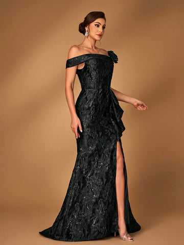 Elegant Navy Blue Off Shoulder Jacquard Satin Ruched 3D Floral Split Fishtail Dress, Suitable For Wedding Events, Bachelorette Party, Vacation, Ball, Bridal Mother Dress Elegant Navy Blue Off Shoulder Jacquard Satin Ruched 3D Floral Split Fishtail Dress, Suitable For Wedding Events, Bachelorette Party, Vacation, Ball, Bridal Mother Dress