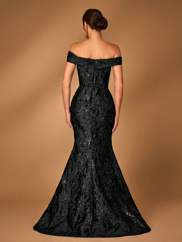 Elegant Navy Blue Off Shoulder Jacquard Satin Ruched 3D Floral Split Fishtail Dress, Suitable For Wedding Events, Bachelorette Party, Vacation, Ball, Bridal Mother Dress Elegant Navy Blue Off Shoulder Jacquard Satin Ruched 3D Floral Split Fishtail Dress, Suitable For Wedding Events, Bachelorette Party, Vacation, Ball, Bridal Mother Dress