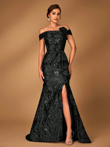 Elegant Navy Blue Off Shoulder Jacquard Satin Ruched 3D Floral Split Fishtail Dress, Suitable For Wedding Events, Bachelorette Party, Vacation, Ball, Bridal Mother Dress Elegant Navy Blue Off Shoulder Jacquard Satin Ruched 3D Floral Split Fishtail Dress, Suitable For Wedding Events, Bachelorette Party, Vacation, Ball, Bridal Mother Dress