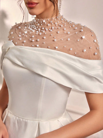 Elegant Off Shoulder Sleeve Collar Luxury Rhinestone Pearl Satin Ruffle Dress, Suitable For Weddings, Parties, Honeymoons, Bridal Showers, Gift-Giving Elegant Off Shoulder Sleeve Collar Luxury Rhinestone Pearl Satin Ruffle Dress, Suitable For Weddings, Parties, Honeymoons, Bridal Showers, Gift-Giving