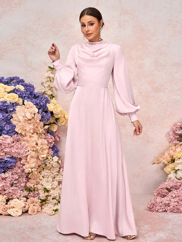 Elegant Pink Satin Draped Neck Lantern Sleeve A-Line Bridesmaid Dress Elegant Pink Satin Draped Neck Lantern Sleeve A-Line Bridesmaid Dress