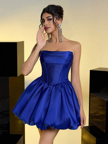 Elegant, Romantic And Gorgeous Sapphire Blue Bright Satin Tube Top, Swung Collar, Pleated Fishbone Palace Waist, Bubble Bud Skirt, Back Strap, Suitable For Bachelor Party, Birthday Date, Back To School Prom Dress Elegant, Romantic And Gorgeous Sapphire Blue Bright Satin Tube Top, Swung Collar, Pleated Fishbone Palace Waist, Bubble Bud Skirt, Back Strap, Suitable For Bachelor Party, Birthday Date, Back To School Prom Dress