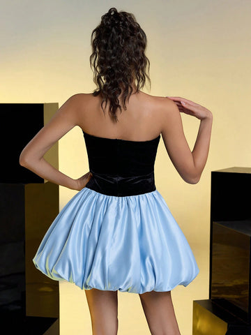 Elegant, Romantic, Black, Blue, Satin, Splicing, Strapless, Tube Top, Big Bow, Bud Skirt, Birthday, Party, Prom Dress Elegant, Romantic, Black, Blue, Satin, Splicing, Strapless, Tube Top, Big Bow, Bud Skirt, Birthday, Party, Prom Dress