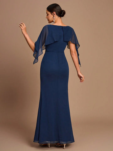 Elegant, Romantic, Dignified, Navy, Chiffon, Shawl, Metal Buckle, Fishtail, Slim Fit, Wedding Event, Birthday Party, Bridesmaid Dress Elegant, Romantic, Dignified, Navy, Chiffon, Shawl, Metal Buckle, Fishtail, Slim Fit, Wedding Event, Birthday Party, Bridesmaid Dress