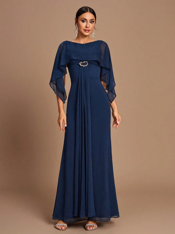 Elegant, Romantic, Dignified, Navy, Chiffon, Shawl, Metal Buckle, Fishtail, Slim Fit, Wedding Event, Birthday Party, Bridesmaid Dress Elegant, Romantic, Dignified, Navy, Chiffon, Shawl, Metal Buckle, Fishtail, Slim Fit, Wedding Event, Birthday Party, Bridesmaid Dress