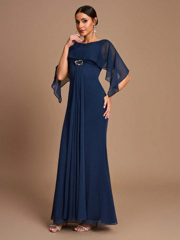 Elegant, Romantic, Dignified, Navy, Chiffon, Shawl, Metal Buckle, Fishtail, Slim Fit, Wedding Event, Birthday Party, Bridesmaid Dress Elegant, Romantic, Dignified, Navy, Chiffon, Shawl, Metal Buckle, Fishtail, Slim Fit, Wedding Event, Birthday Party, Bridesmaid Dress