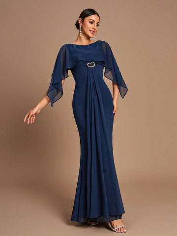 Elegant, Romantic, Dignified, Navy, Chiffon, Shawl, Metal Buckle, Fishtail, Slim Fit, Wedding Event, Birthday Party, Bridesmaid Dress Elegant, Romantic, Dignified, Navy, Chiffon, Shawl, Metal Buckle, Fishtail, Slim Fit, Wedding Event, Birthday Party, Bridesmaid Dress