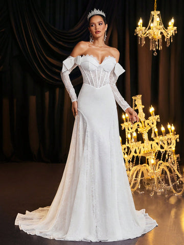 Elegant Romantic Off-Shoulder Bowknot Sleeve Design Flared Sleeve Wedding Dress With Train And Tie Back, Suitable For Wedding Occasions Elegant Romantic Off-Shoulder Bowknot Sleeve Design Flared Sleeve Wedding Dress With Train And Tie Back, Suitable For Wedding Occasions