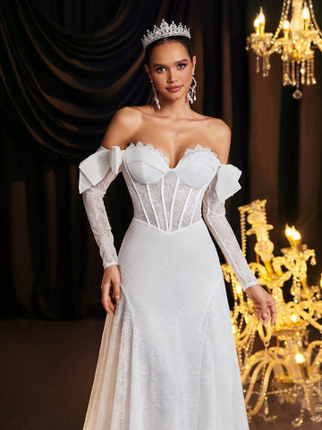 Elegant Romantic Off-Shoulder Bowknot Sleeve Design Flared Sleeve Wedding Dress With Train And Tie Back, Suitable For Wedding Occasions Elegant Romantic Off-Shoulder Bowknot Sleeve Design Flared Sleeve Wedding Dress With Train And Tie Back, Suitable For Wedding Occasions