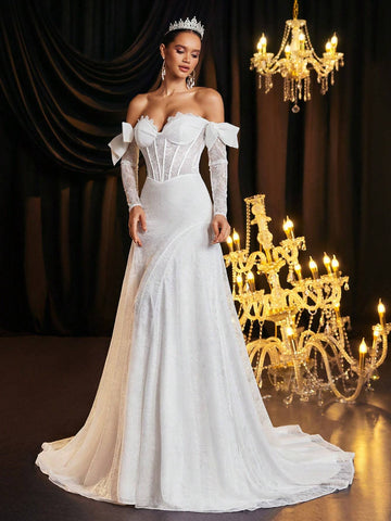 Elegant Romantic Off-Shoulder Bowknot Sleeve Design Flared Sleeve Wedding Dress With Train And Tie Back, Suitable For Wedding Occasions Elegant Romantic Off-Shoulder Bowknot Sleeve Design Flared Sleeve Wedding Dress With Train And Tie Back, Suitable For Wedding Occasions
