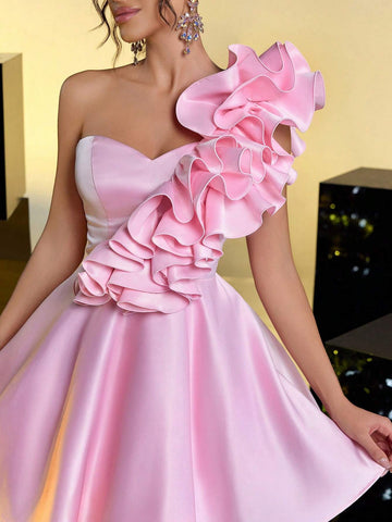 Elegant Romantic Pink Satin Ruffles One Shoulder Princess Dress Back Panel Adjustable Straps Date Birthday Party Wedding Event Bachelorette Party Prom Dress Elegant Romantic Pink Satin Ruffles One Shoulder Princess Dress Back Panel Adjustable Straps Date Birthday Party Wedding Event Bachelorette Party Prom Dress