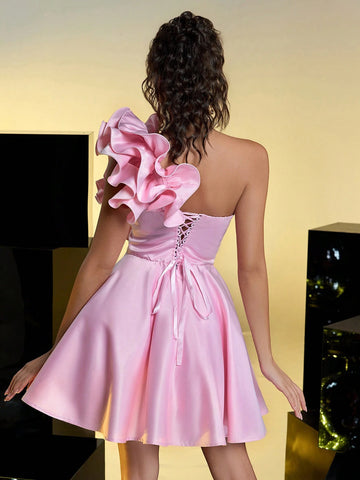 Elegant Romantic Pink Satin Ruffles One Shoulder Princess Dress Back Panel Adjustable Straps Date Birthday Party Wedding Event Bachelorette Party Prom Dress Elegant Romantic Pink Satin Ruffles One Shoulder Princess Dress Back Panel Adjustable Straps Date Birthday Party Wedding Event Bachelorette Party Prom Dress