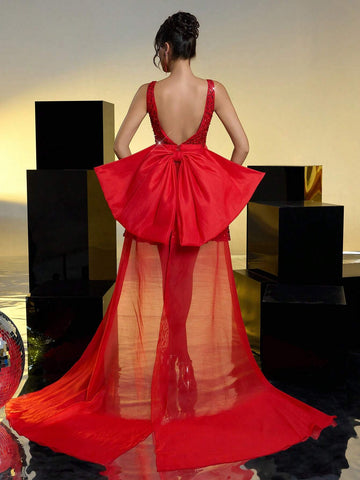 Elegant Romantic Red Sequined Spaghetti Straps Waist Backless Oversized Bow Tail Holiday Christmas Party Birthday Prom Dress Elegant Romantic Red Sequined Spaghetti Straps Waist Backless Oversized Bow Tail Holiday Christmas Party Birthday Prom Dress