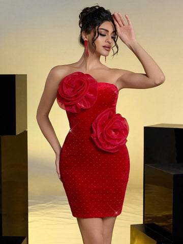 Elegant Romantic Sexy Red Glitter Velvet Organza Three-Dimensional Flower Off-Shoulder Tube Top Slim Party Cocktail Dress Elegant Romantic Sexy Red Glitter Velvet Organza Three-Dimensional Flower Off-Shoulder Tube Top Slim Party Cocktail Dress