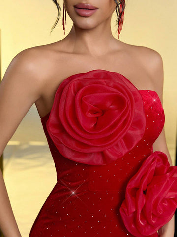 Elegant Romantic Sexy Red Glitter Velvet Organza Three-Dimensional Flower Off-Shoulder Tube Top Slim Party Cocktail Dress Elegant Romantic Sexy Red Glitter Velvet Organza Three-Dimensional Flower Off-Shoulder Tube Top Slim Party Cocktail Dress