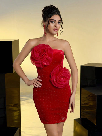 Elegant Romantic Sexy Red Glitter Velvet Organza Three-Dimensional Flower Off-Shoulder Tube Top Slim Party Cocktail Dress Elegant Romantic Sexy Red Glitter Velvet Organza Three-Dimensional Flower Off-Shoulder Tube Top Slim Party Cocktail Dress