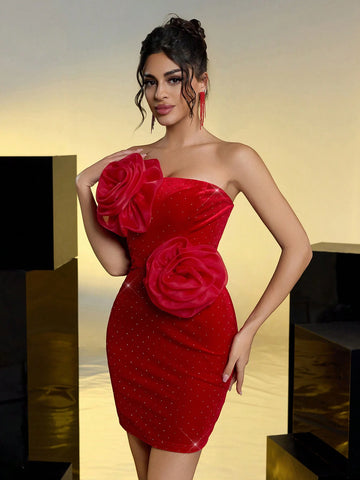 Elegant Romantic Sexy Red Glitter Velvet Organza Three-Dimensional Flower Off-Shoulder Tube Top Slim Party Cocktail Dress Elegant Romantic Sexy Red Glitter Velvet Organza Three-Dimensional Flower Off-Shoulder Tube Top Slim Party Cocktail Dress