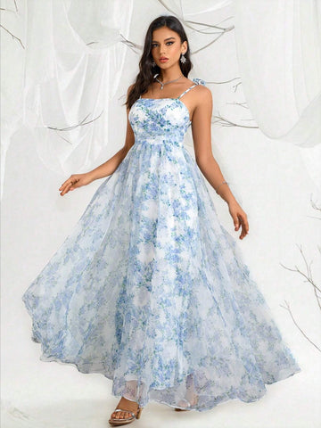 Elegant Women's Organza Floral Print Pleated Belted Cami Dress Elegant Women's Organza Floral Print Pleated Belted Cami Dress