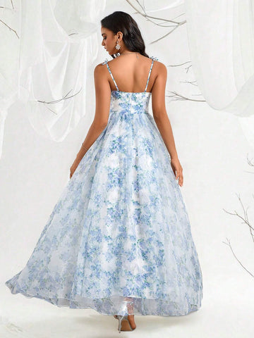 Elegant Women's Organza Floral Print Pleated Belted Cami Dress Elegant Women's Organza Floral Print Pleated Belted Cami Dress