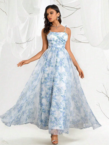 Elegant Women's Organza Floral Print Pleated Belted Cami Dress Elegant Women's Organza Floral Print Pleated Belted Cami Dress