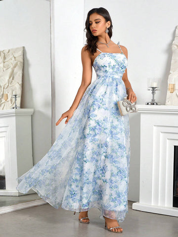 Elegant Women's Organza Floral Print Pleated Belted Cami Dress Elegant Women's Organza Floral Print Pleated Belted Cami Dress