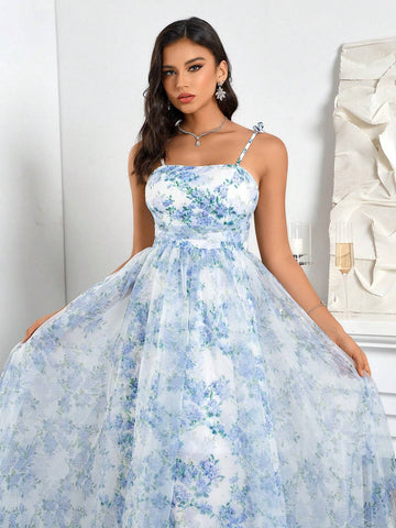 Elegant Women's Organza Floral Print Pleated Belted Cami Dress Elegant Women's Organza Floral Print Pleated Belted Cami Dress