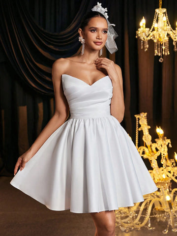 Elegant & Luxurious Bandeau Ruched Effect Backless 3D Floral Design A-Line Dress, Suitable For Weddings, Parties, Dates, Balls, Banquets, Bridal Shower Elegant & Luxurious Bandeau Ruched Effect Backless 3D Floral Design A-Line Dress, Suitable For Weddings, Parties, Dates, Balls, Banquets, Bridal Shower