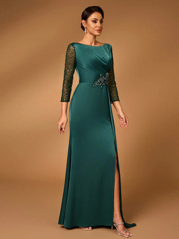 Elegant & Luxurious Women's A-Line Lace Mesh Embroidered Pearl & Sequin Splice V-Neck Asymmetrical Ruched Sheer Long Sleeve Fishtail Waist Beaded Decoration Dress Suitable For Formal Wedding, Mother's Day Events, Bride Mother Dress Mother's Evening Dress Elegant & Luxurious Women's A-Line Lace Mesh Embroidered Pearl & Sequin Splice V-Neck Asymmetrical Ruched Sheer Long Sleeve Fishtail Waist Beaded Decoration Dress Suitable For Formal Wedding, Mother's Day Events, Bride Mother Dress Mother's Evening Dress