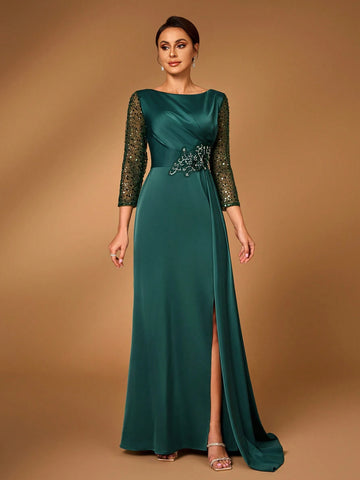 Elegant & Luxurious Women's A-Line Lace Mesh Embroidered Pearl & Sequin Splice V-Neck Asymmetrical Ruched Sheer Long Sleeve Fishtail Waist Beaded Decoration Dress Suitable For Formal Wedding, Mother's Day Events, Bride Mother Dress Mother's Evening Dress Elegant & Luxurious Women's A-Line Lace Mesh Embroidered Pearl & Sequin Splice V-Neck Asymmetrical Ruched Sheer Long Sleeve Fishtail Waist Beaded Decoration Dress Suitable For Formal Wedding, Mother's Day Events, Bride Mother Dress Mother's Evening Dress