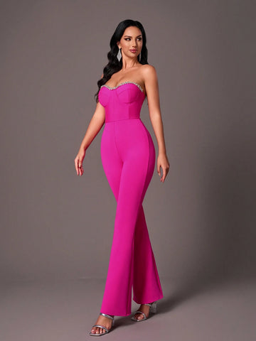 Glamorous Rhinestone Embellished Bustier Jumpsuit With Padded Cups Glamorous Rhinestone Embellished Bustier Jumpsuit With Padded Cups