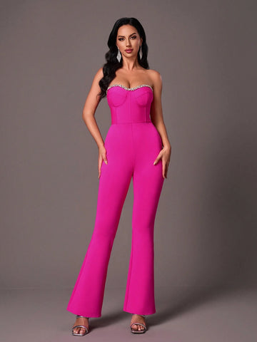 Glamorous Rhinestone Embellished Bustier Jumpsuit With Padded Cups Glamorous Rhinestone Embellished Bustier Jumpsuit With Padded Cups